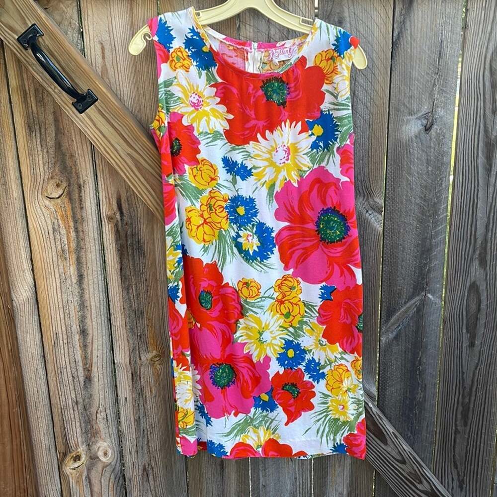 Vintage 60s Ellen G Shift Dress Small Floral Sleeveless Pnk Yellow Blue